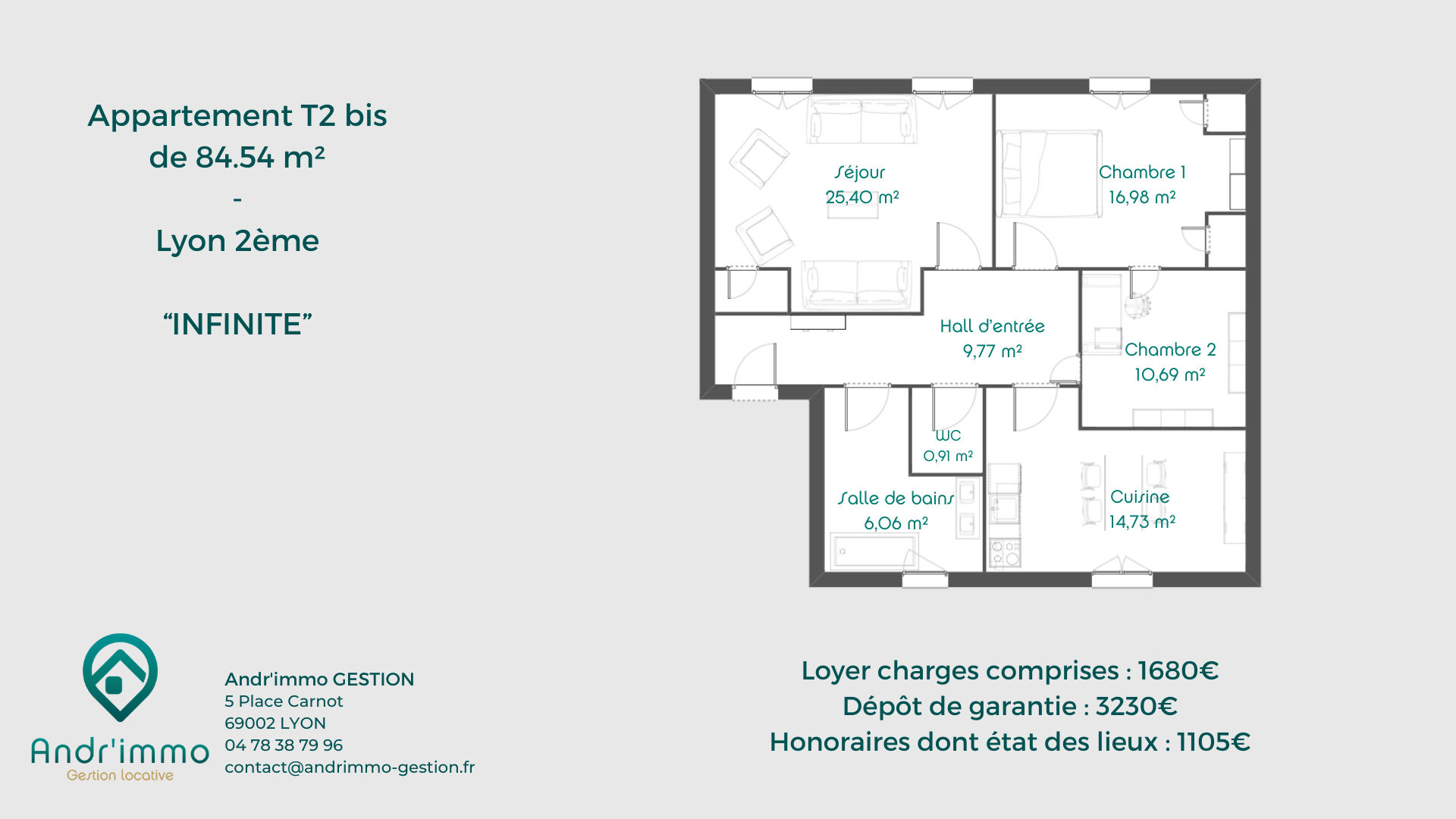 INFINITE – T2 bis meublé – 84.54 m2 – Lyon 69002