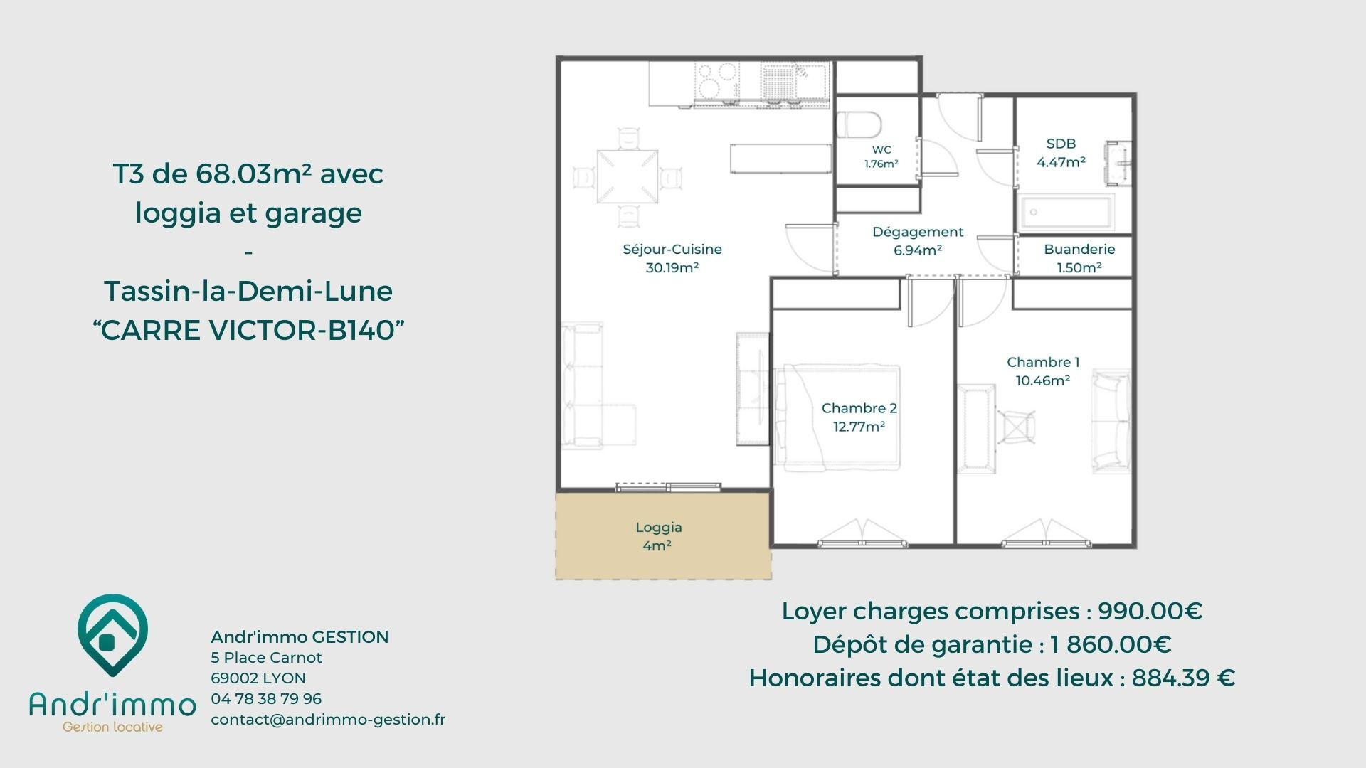 CARRÉ VICTOR – Appartement meublé 3 pièces avec loggia et garage – TASSIN HORLOGE