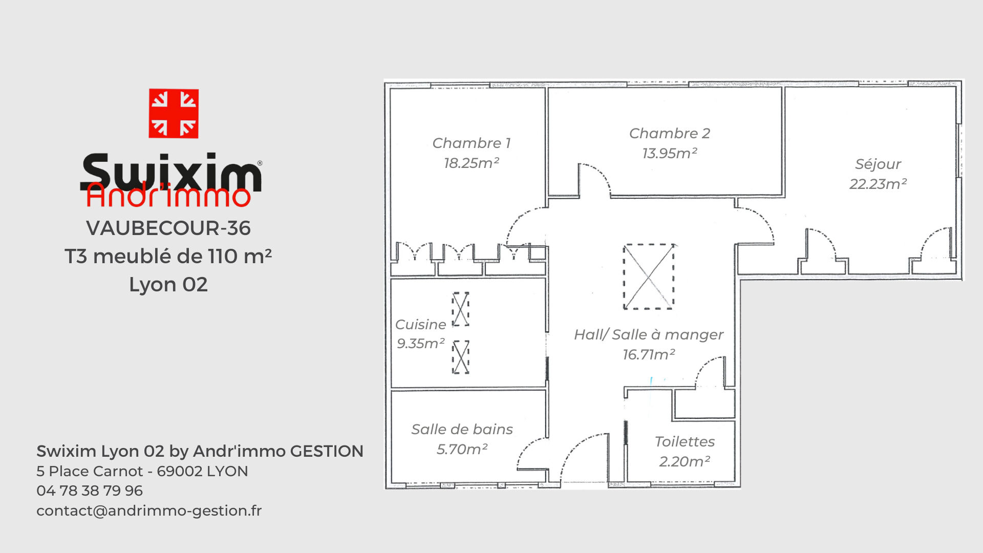 Appartement T3 meublé 88m² avec garage – LYON 02 CARNOT