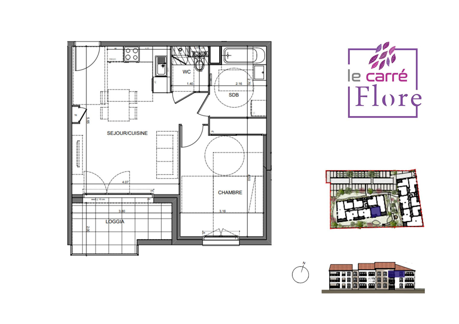 CARRÉ FLORE B203 – Appartement 2 pièces 45.28m² avec loggia et stationnement