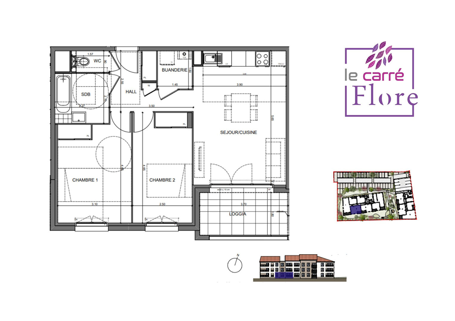 CARRÉ FLORE B004 – Appartement 3 pièces 61m² avec loggia