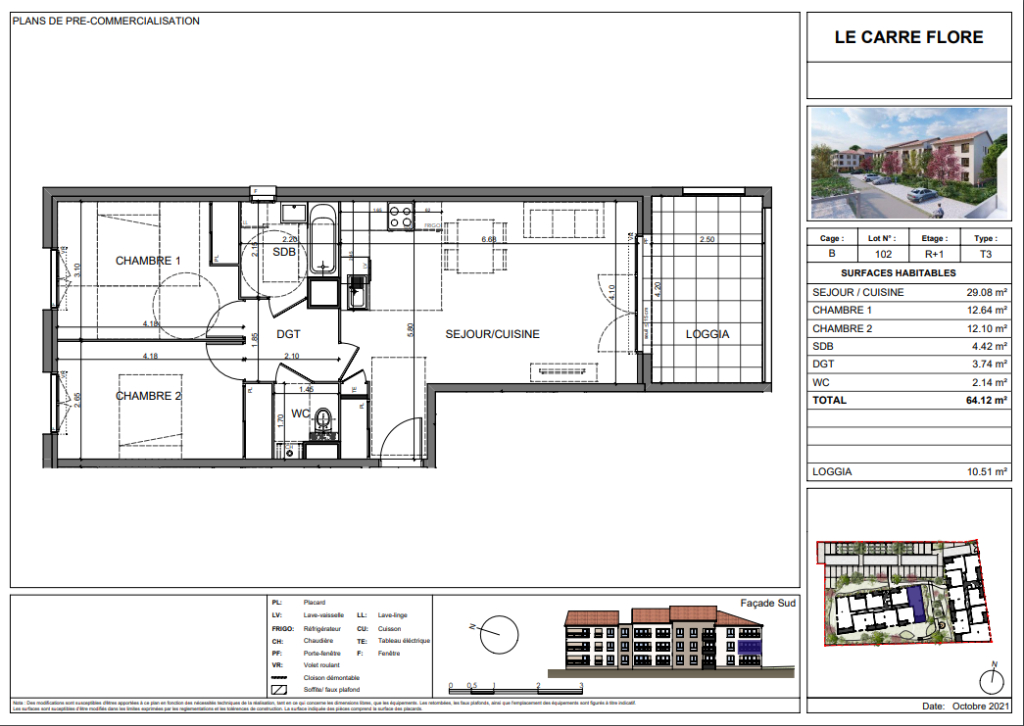 CARRE FLORE B102 – T3 de 65.27m² avec loggia et stationnement – BOURGOIN JALLIEU