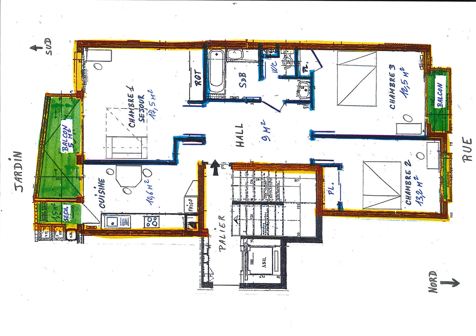 AINAY PLESSIER –  T4 meublé de 69 m² avec balcons – LYON 02 CARNOT