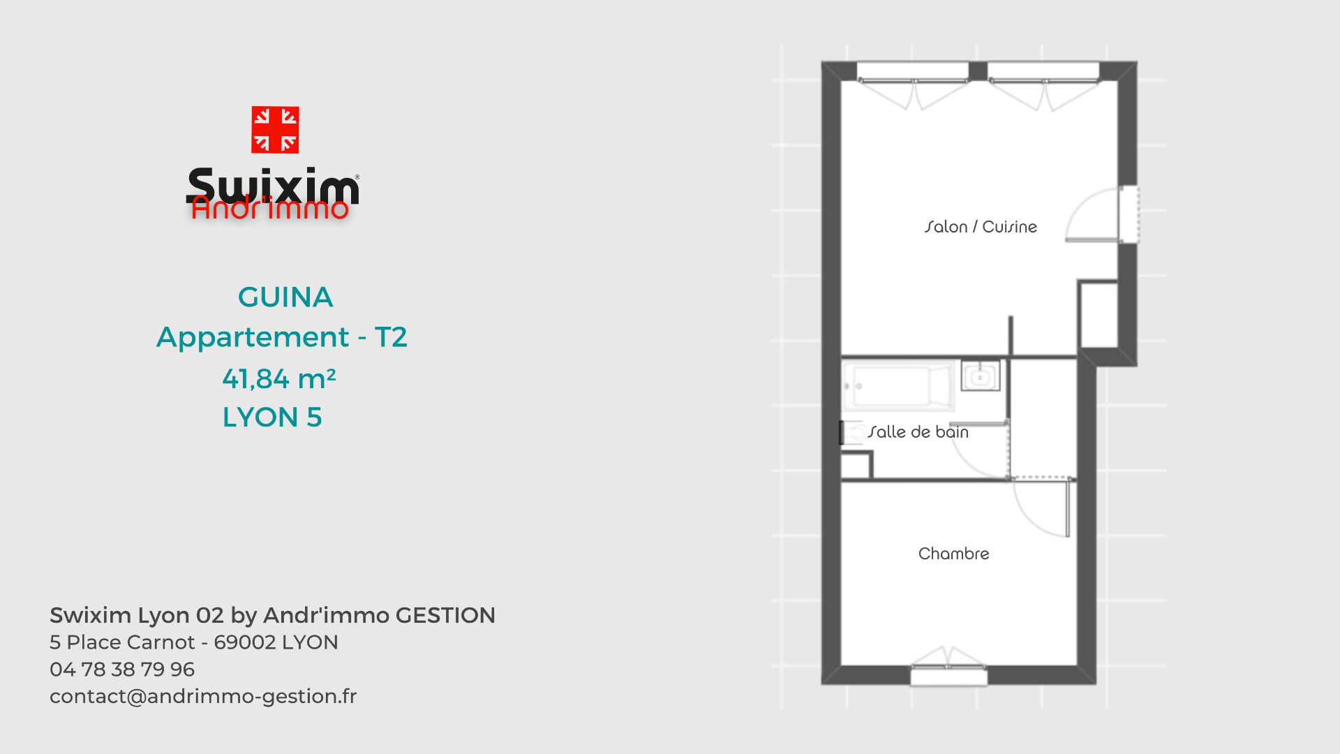 GUINA – T2 meublé de 41.84m² à Lyon 05 limite Tassin-La-Demi-Lune