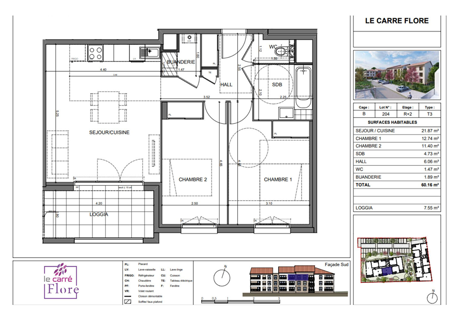 CARRE FLORE B204 – Appartement 3 pièces de 60.16 m² avec loggia et stationnement – BOURGOIN JALLIEU