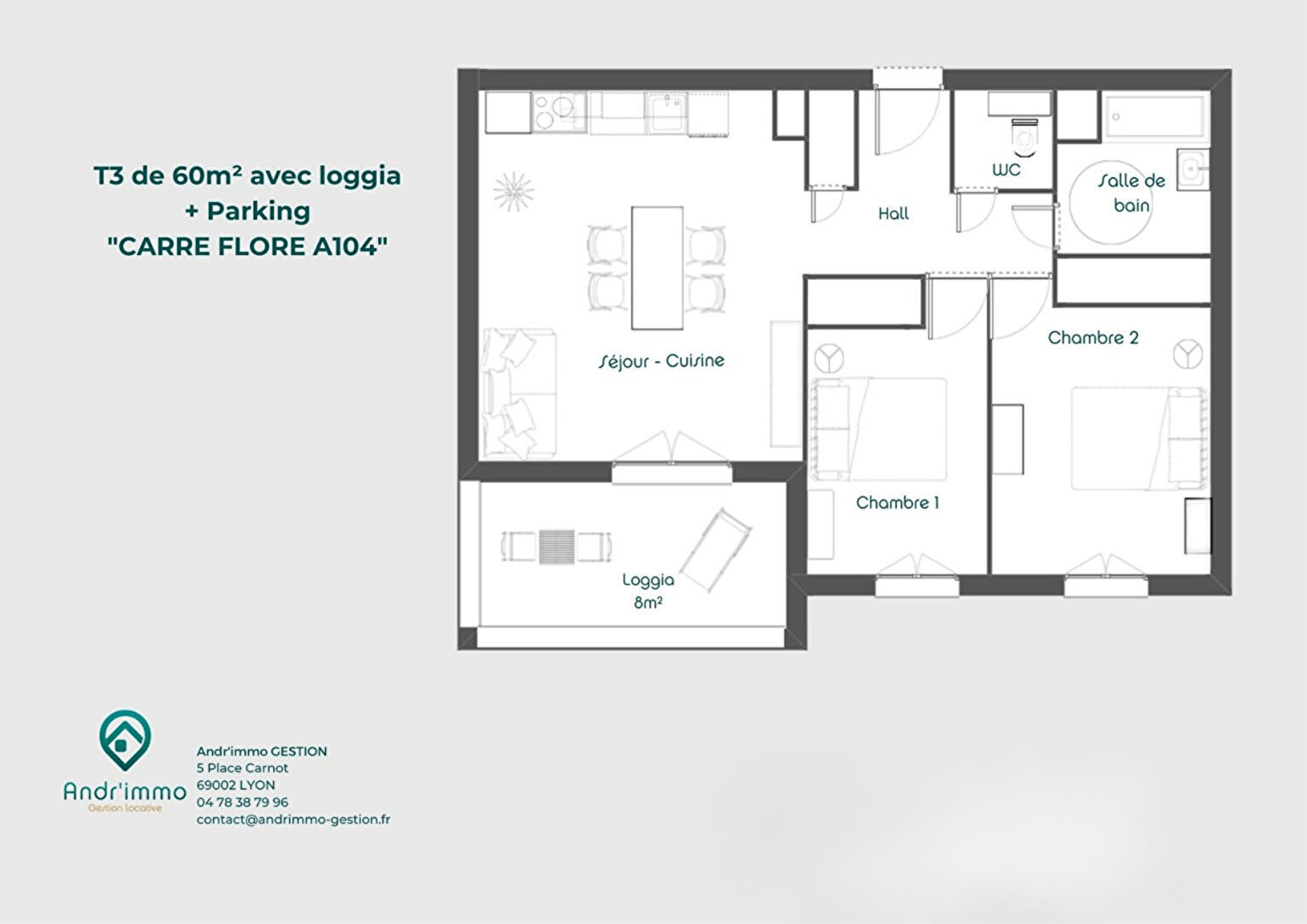CARRÉ FLORE A104 – Appartement 3 pièces 60m² avec loggia